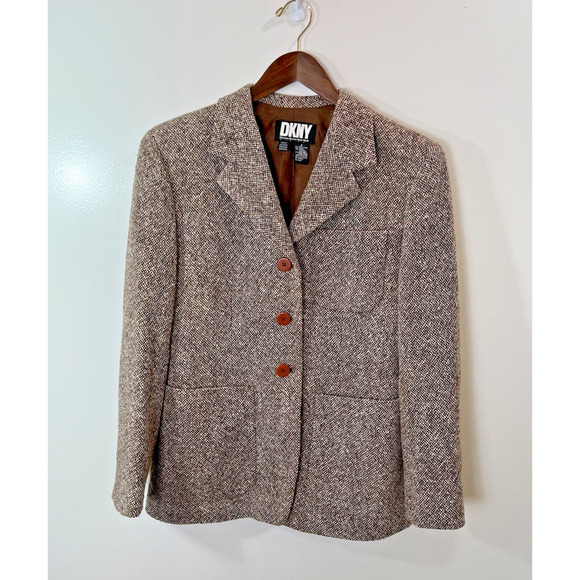 DKNY Women’s Wool Tweed Blazer Size M 8 Brown Timeless Office Preppy Old Money - Picture 1 of 7